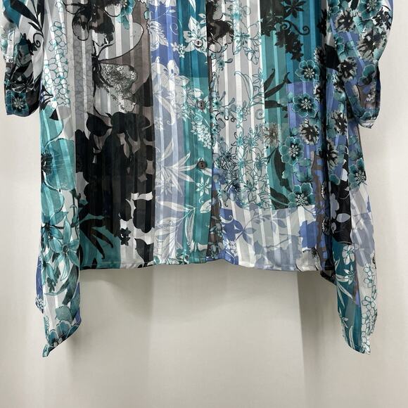 Chicos Size 1 Medium Asymmetrical Button Down Shirt Teal Blue Blouse Floral Top - Picture 5 of 9